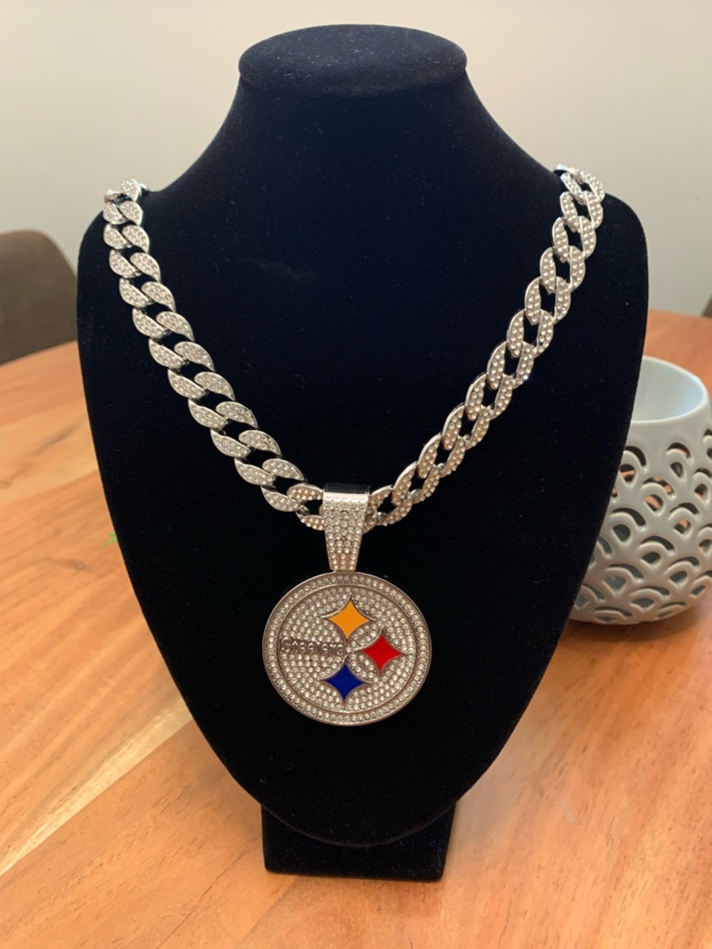 NFL Pittsburgh Steelers Iced Out Pendant Necklace with Red Blue Yellow Accents